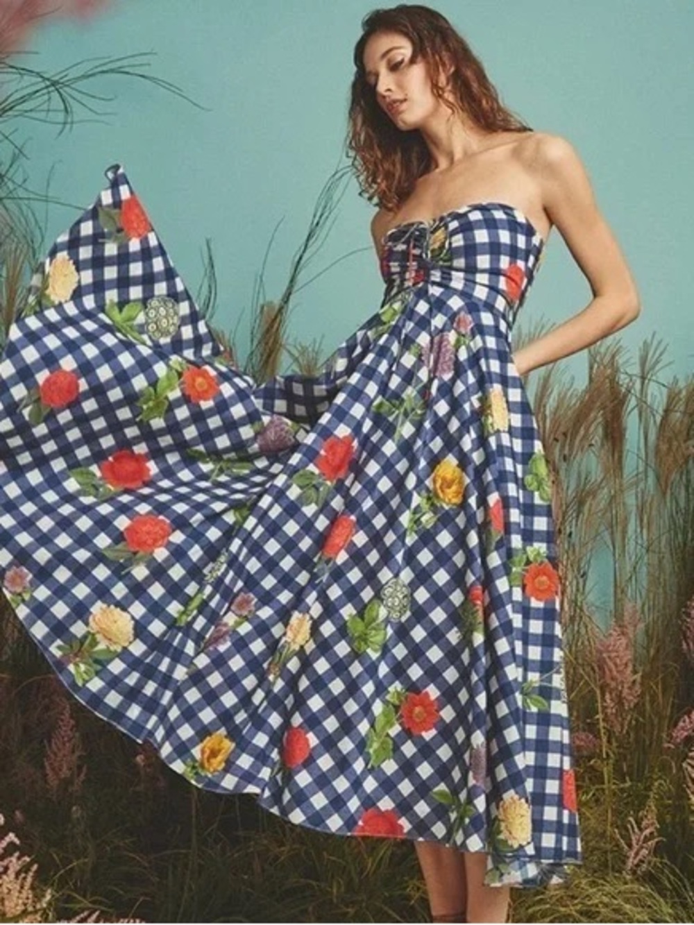 Cara Cara Maidstone Navy and White Gingham Dress with Floral Embroidery NYT